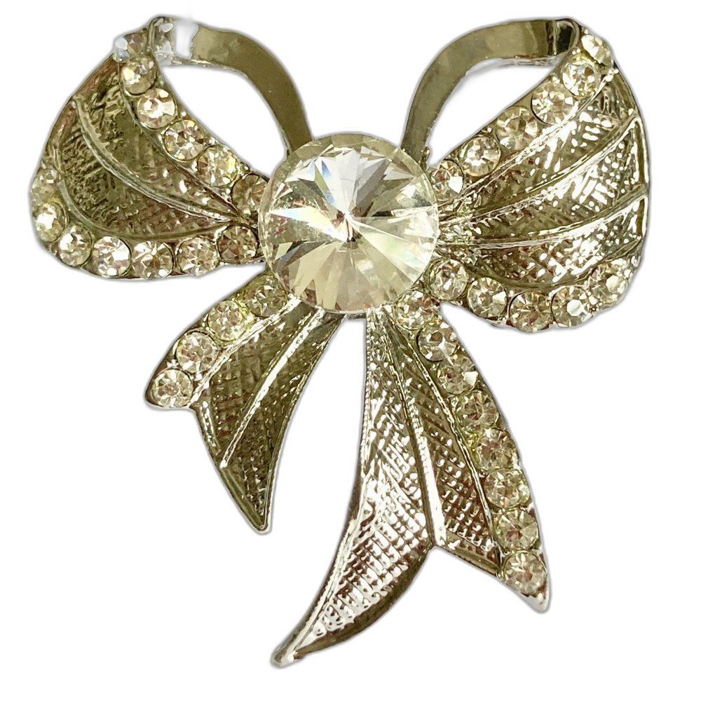 Vintage BIG Christmas Bow Brooch Pin Textured Finish Silver Tone Crystal X-Mas
